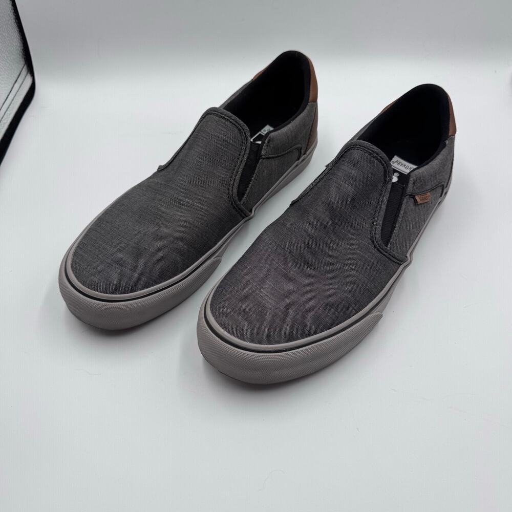 Vans Asher Deluxe Mens 11.5 Slip-On Skate Shoes Gray Textile Walnut Brown Accent